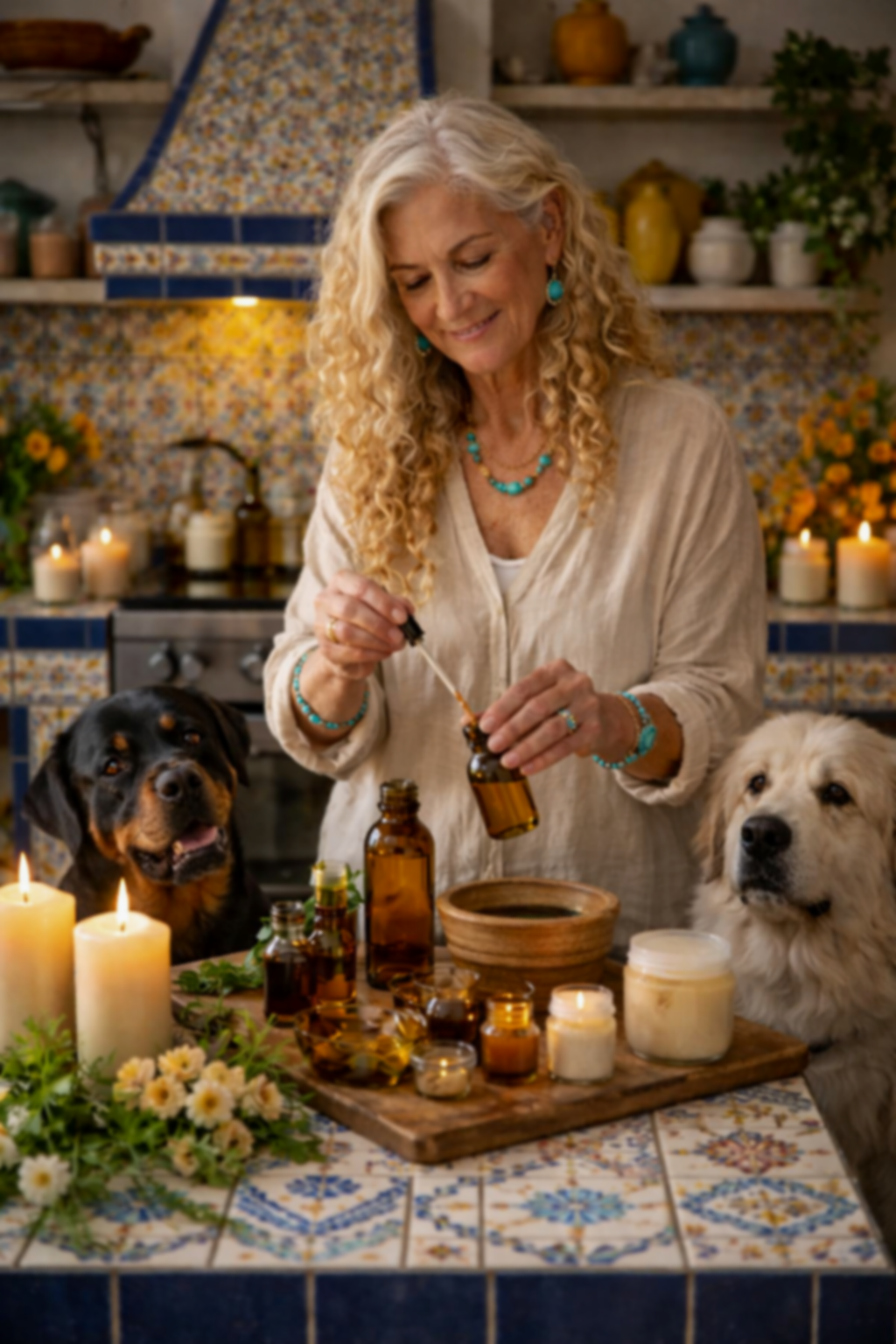 An elderly woman with long curly gray hair, wearing turquoise jewelry, is pouring essential oil from a small amber bottle in a cozy kitchen. Two dogs, a Rottweiler and a large fluffy white dog, sit beside her at a kitchen table with candles, jars, and flowers, creating a warm and inviting atmosphere.