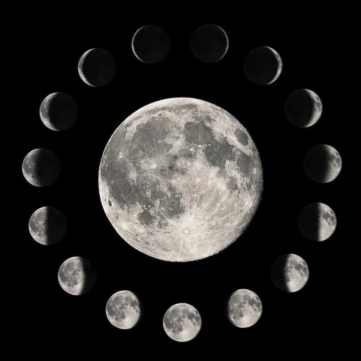 A large full moon surrounded by smaller images of the moon in different phases, arranged in a circular pattern against a black background.