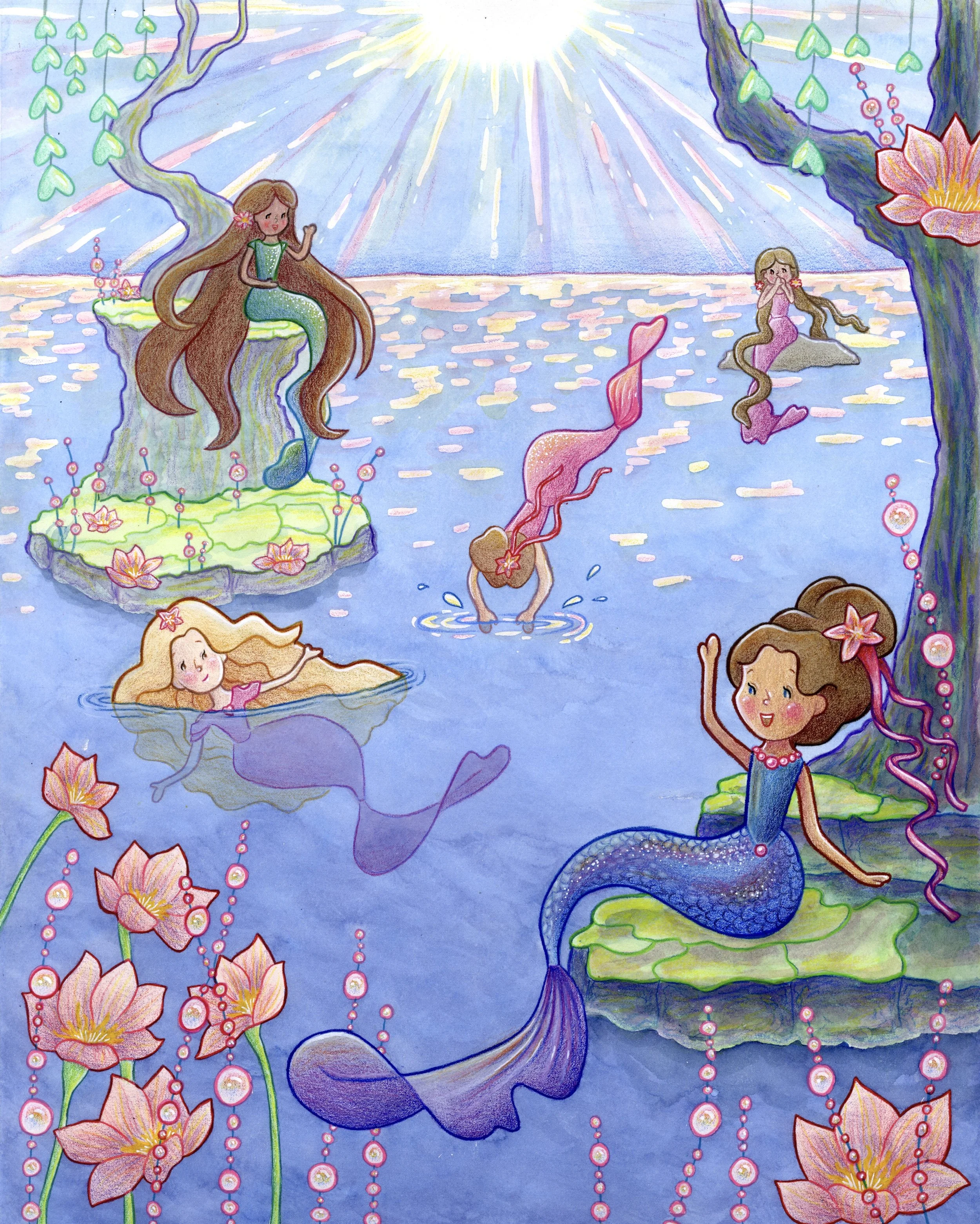 Colorful illustration of five mermaids in a serene water scene with lotus flowers, trees, and sunlight shining down.