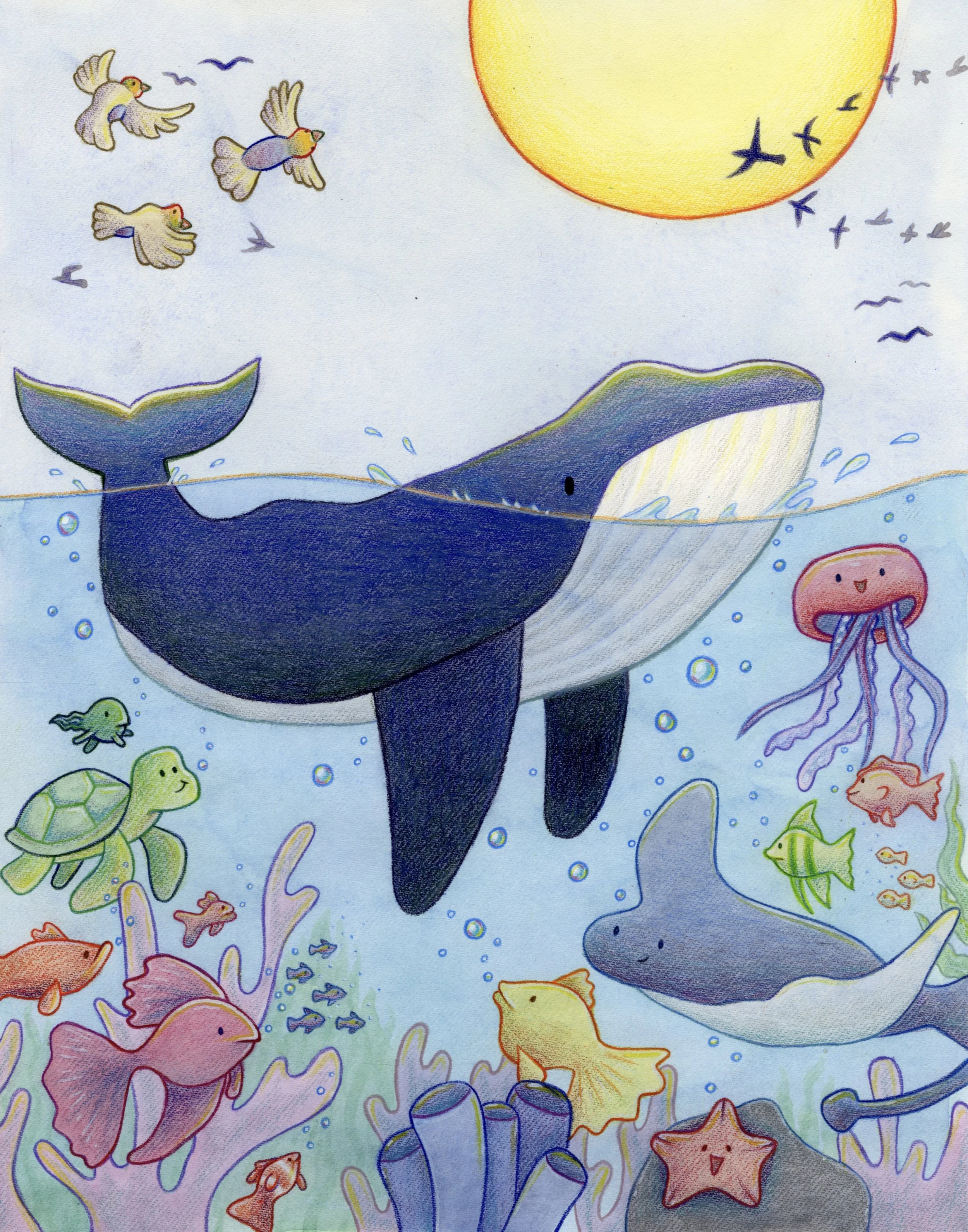 Colorful illustration Biblical creation from Genesis of ocean animals including a whale, a dolphin, a variety of fish, a turtle, a jellyfish, starfish, and coral, with a large sun in the sky and birds flying.