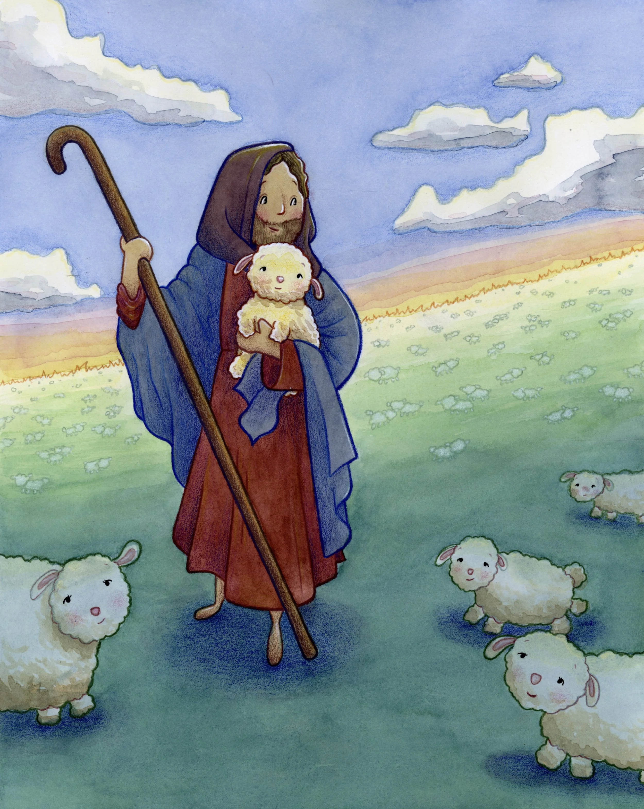 A cartoon-style drawing of Jesus walking on a green field with sheep around him, holding a lamb, with a blue sky and white clouds in the background.