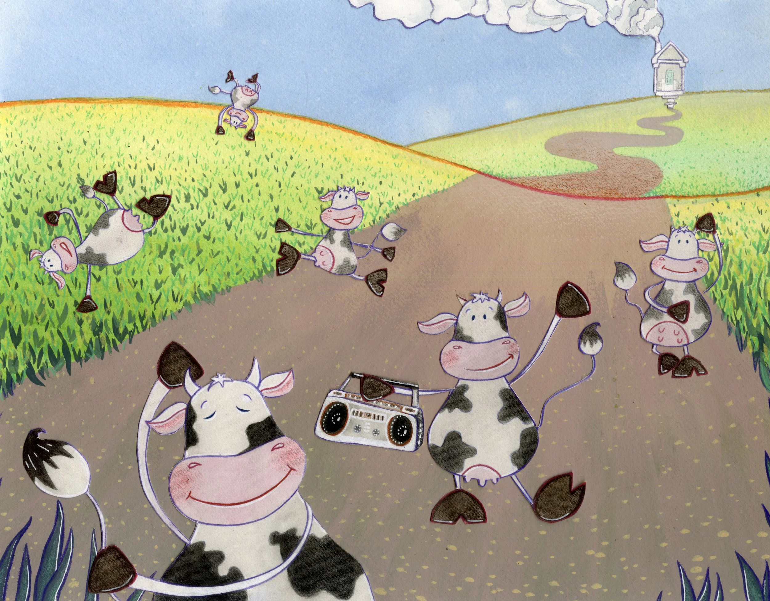 Cartoon cows dancing and having fun on a farm with a boombox, green fields, a dirt path, and a barn in the background.
