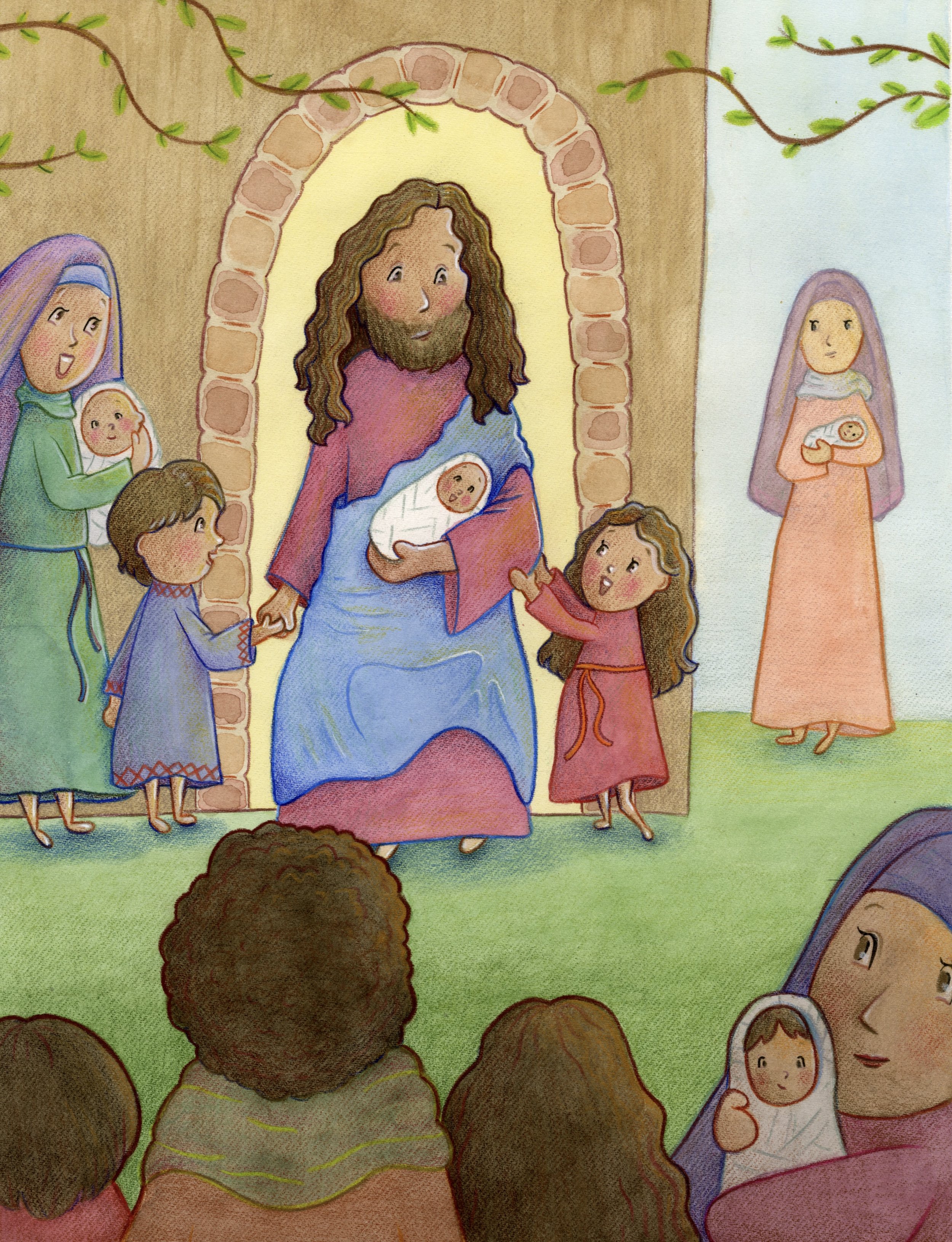 Jesus holding a baby in his arms, surrounded by children and women, in a scene that appears to be a representation of the Nativity, with a background of a brick arch and simple greenery.