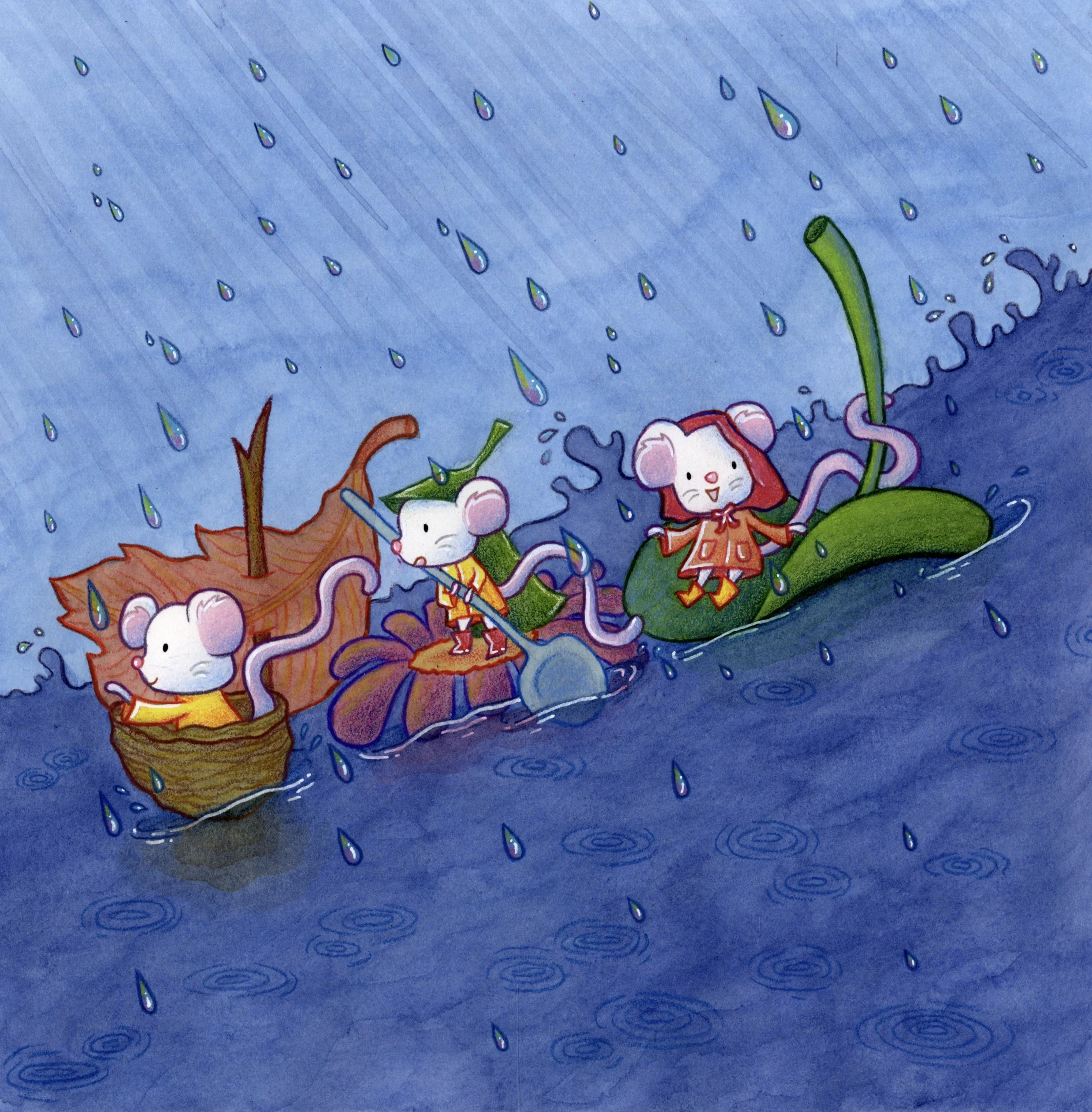 Animated mice children wearing raincoats and boots riding on leaves and lotus flowers in the rain on a pond with raindrops falling.