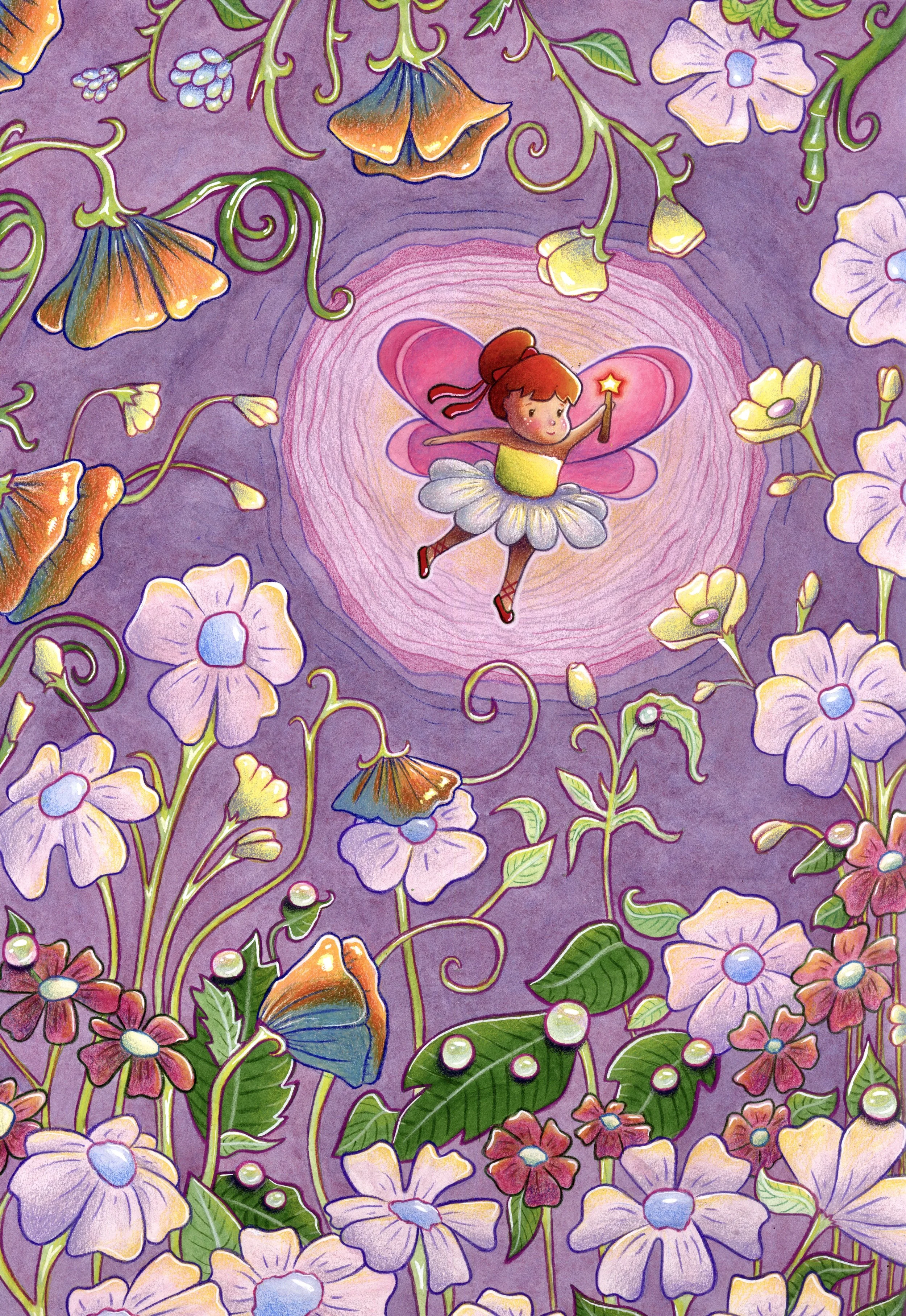 A whimsical illustration of a fairy with pink wings, wearing a yellow top and white tutu, holding a star-shaped wand, flying surrounded by colorful flowers and raindrops on a purple background.