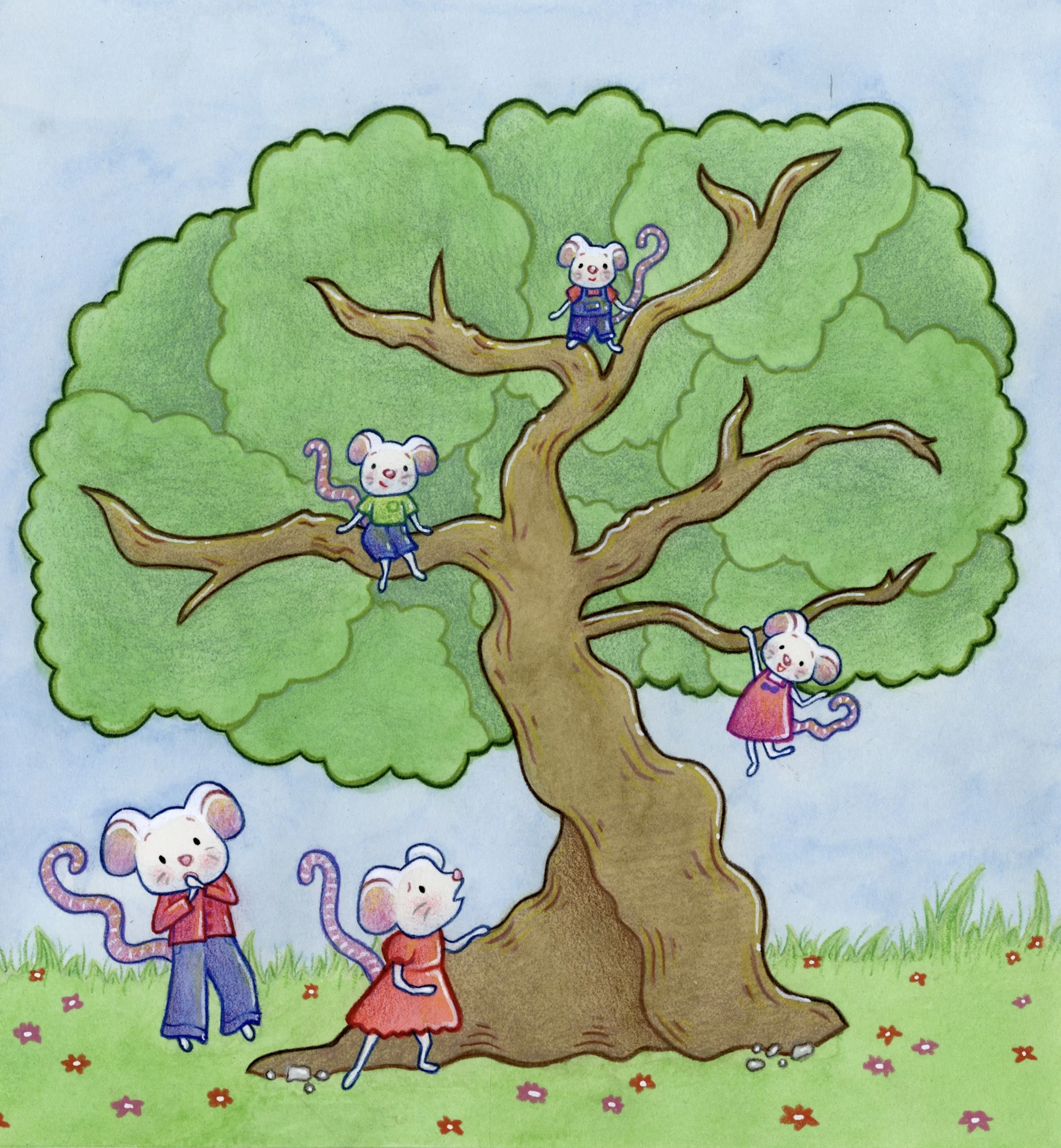 A colorful drawing of a tree with five mice wearing clothes sitting and standing on its branches and trunk, with green grass and flowers underneath.