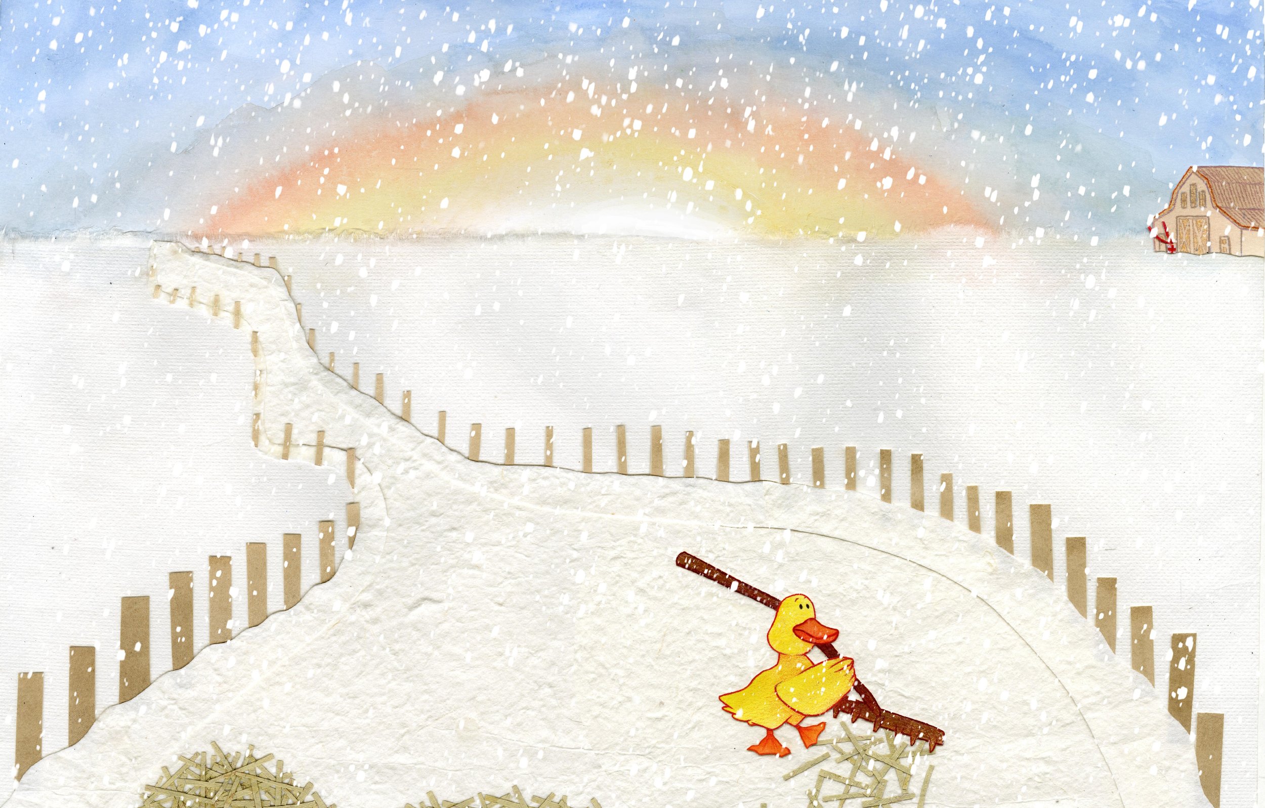 A paper craft snowy landscape scene with a yellow duck clipping a piece of wood in the foreground, snow falling, a rainbow in the sky, a house in the background, and a wooden fence surrounding the area.