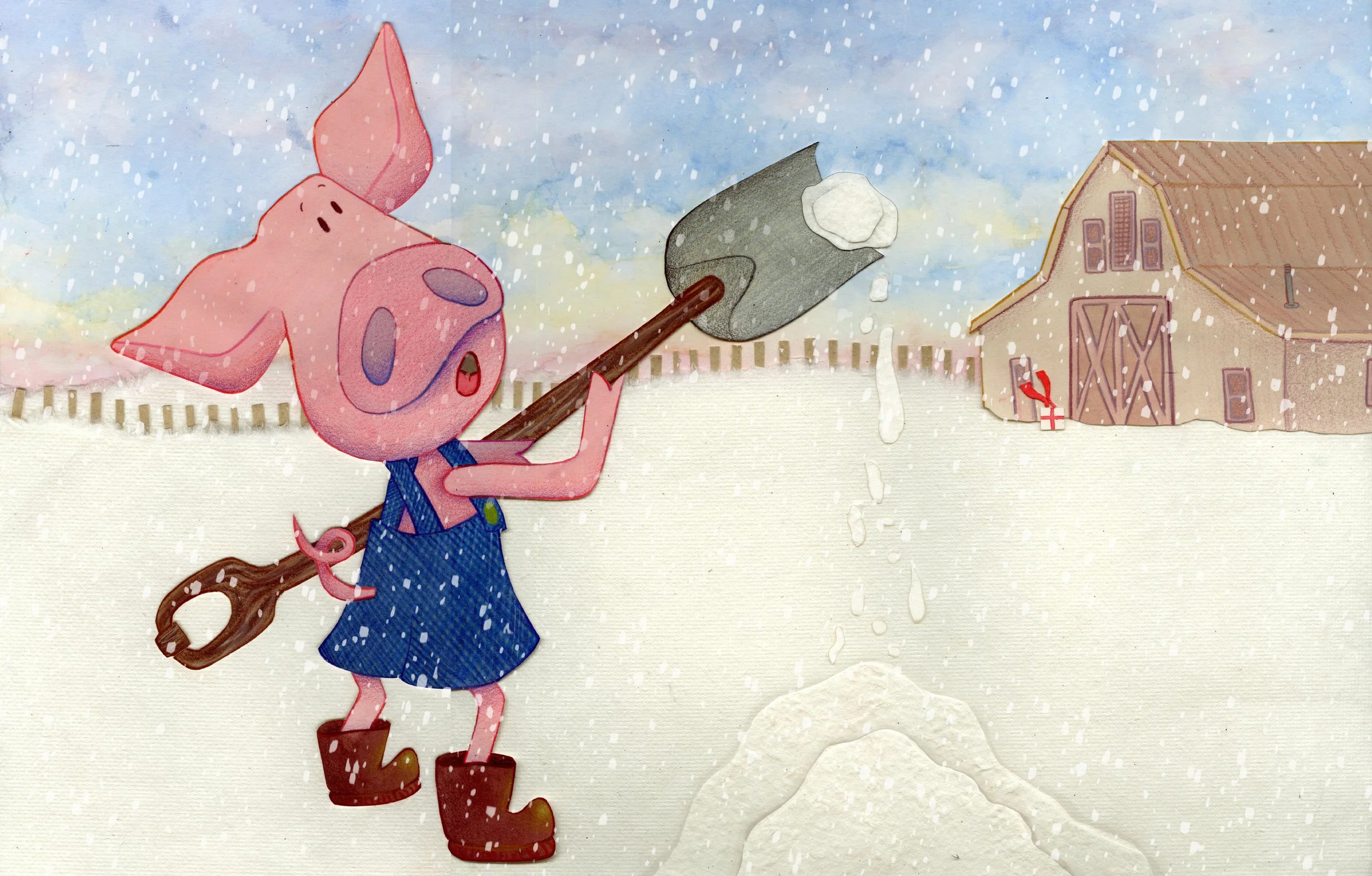 Cartoon pig with big ears wearing blue overalls and red boots, holding a snow shovel and clearing snow on a farmyard during snowfall.