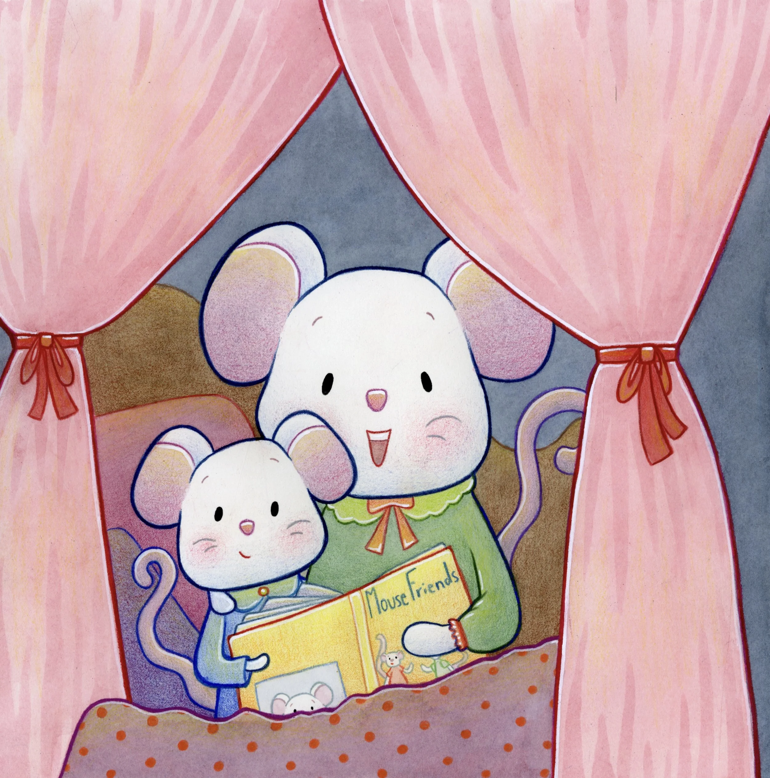Illustration of two mice reading a book titled 'Mouse Friends', inside a cozy tent with pink curtains and polka dot bedding.