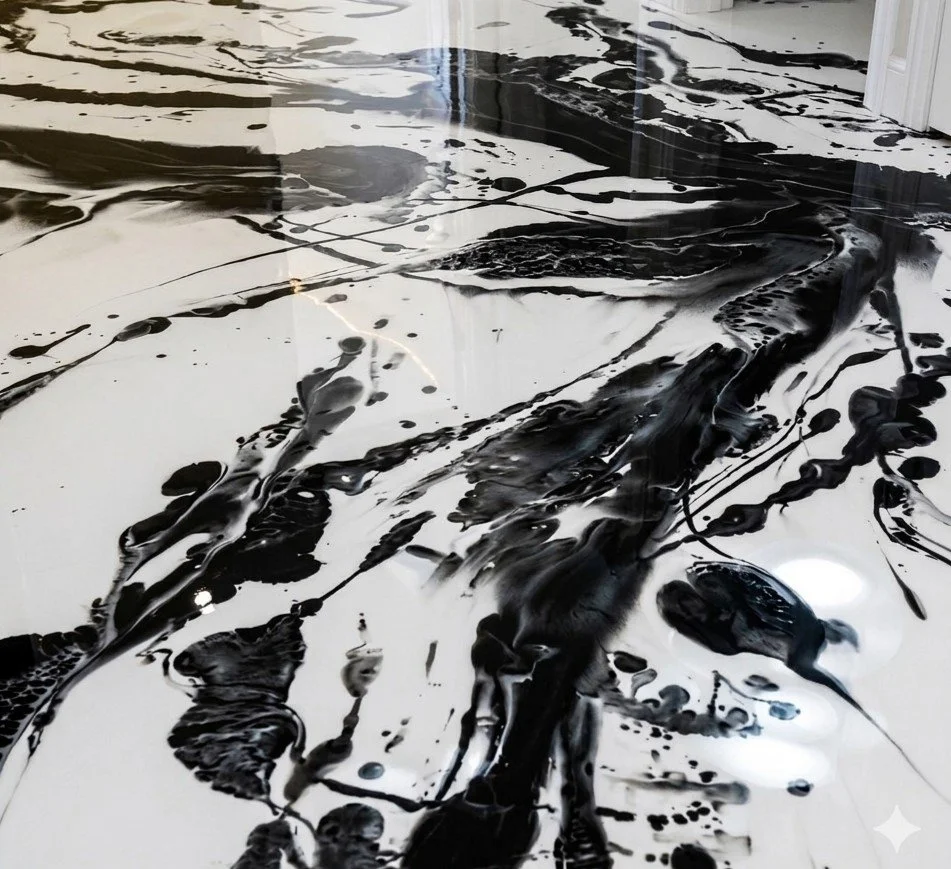 Piso con pintura abstracta en tonos negros y blancos, con patrones fluidos y goteantes.