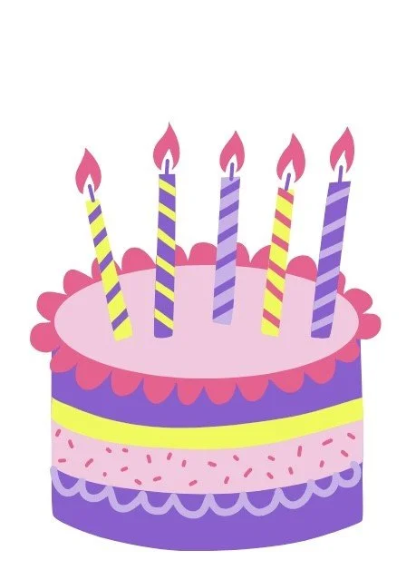 A colorful birthday cake with five lit candles in pink, purple, yellow, and blue, decorated with pink and purple frosting and sprinkles.