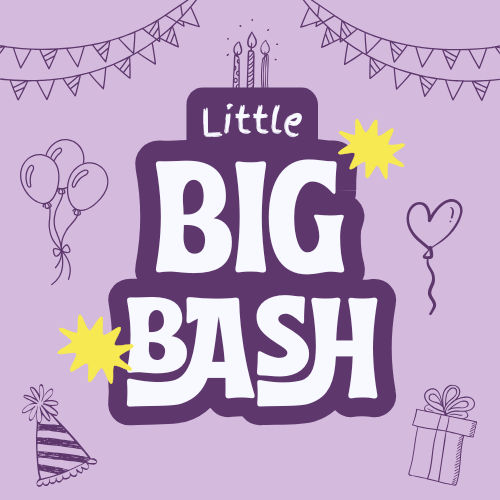 Colorful birthday party invitation with balloons, banners, a birthday cake with candles, and presents, celebrating a little big bash.