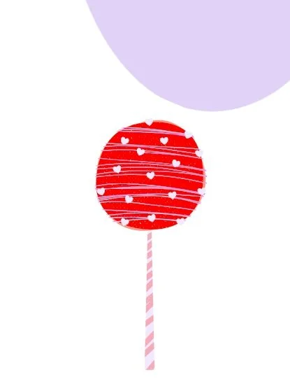 Red lollipop with white hearts and pink and white striped stick, with a purple balloon in the background.