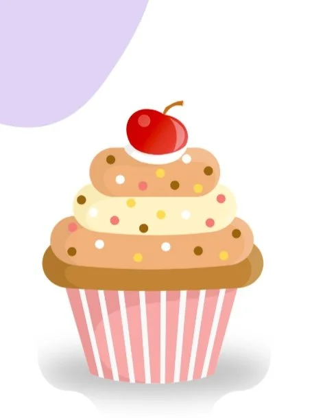 Cartoon cupcake with pink and white striped wrapper, topped with white, pink, and brown frosting, colorful sprinkles, and a cherry on top.