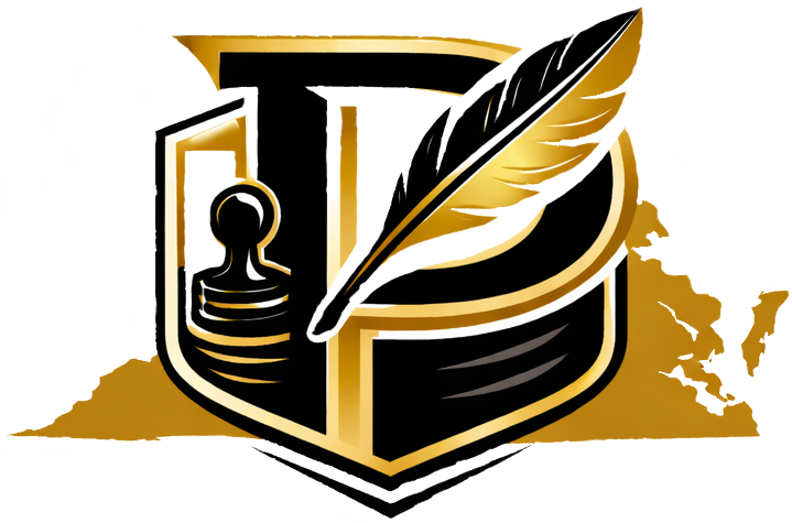 A logo with a shield design featuring a chess pawn on the left, a feather on the right, and a circular element in the center, using black, gold, and white colors.