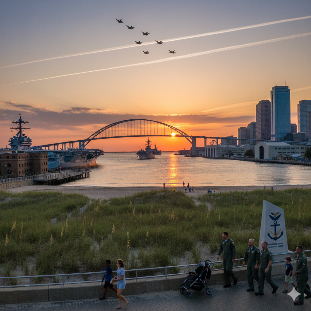 Sunset over a harbor with military ships, airplanes flying in formation, city skyline, and people walking along the waterfront with a sign displaying an anchor and the US Coast Guard emblem.