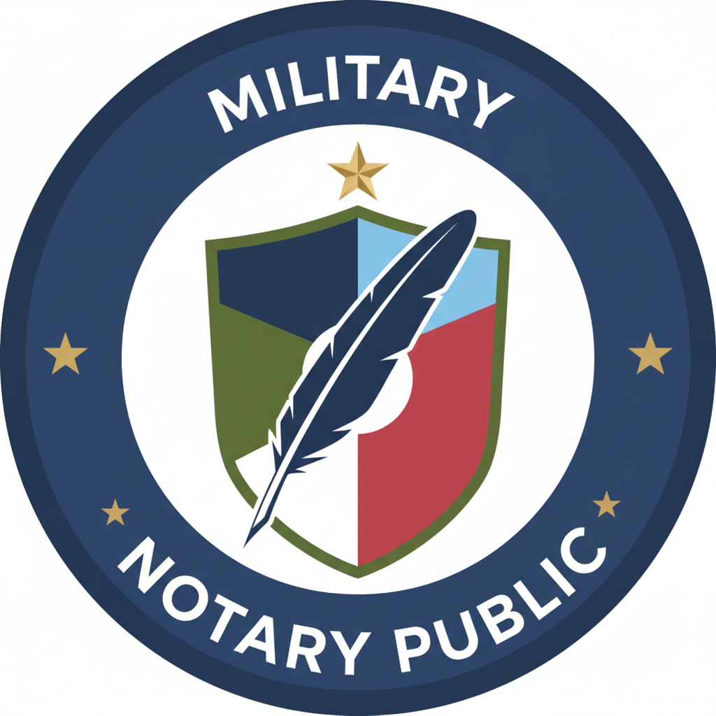 Official badge for a notary public with military connection, featuring a circular design with a blue outer ring, gold stars, and a shield at the center divided into parts with blue, light blue, green, and red colors, and a feather quill crossing the shield.
