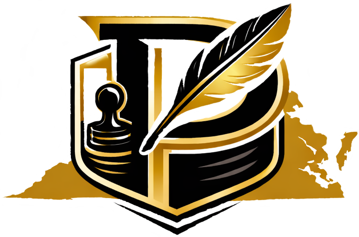 A stylized logo featuring a shield with a chess pawn, a feather, and a map outline in gold, black, and white colors.