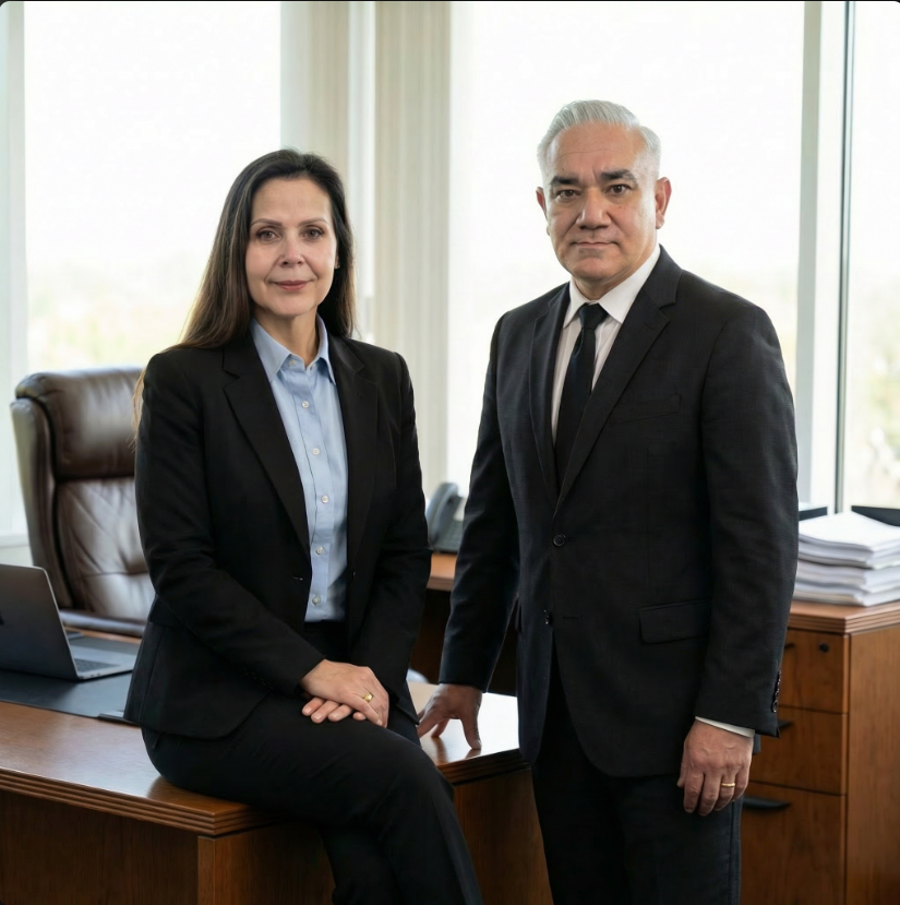 A man and woman in formal business attire posing in an office with large windows and a desk.