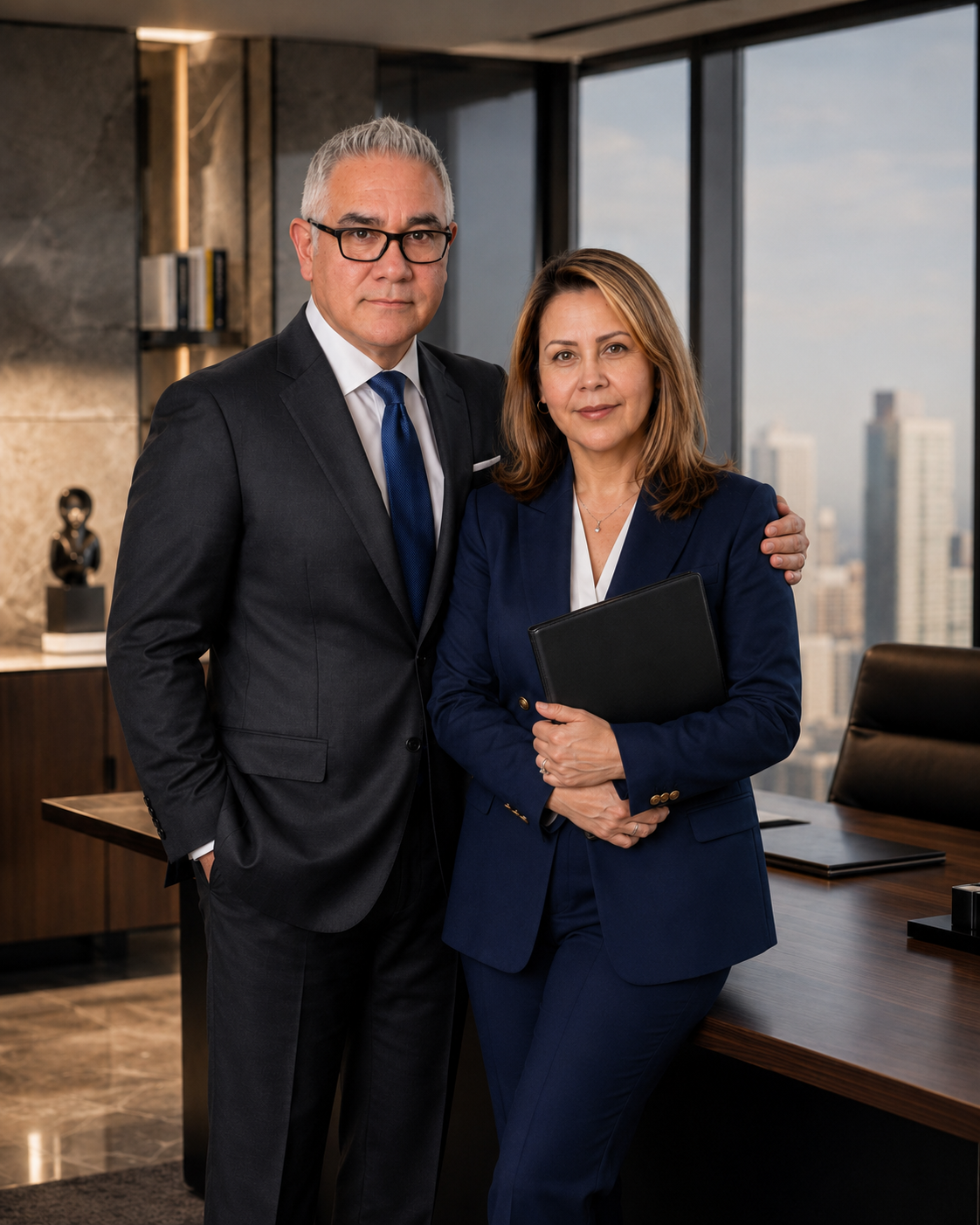 A man and woman in business suits standing together in an office with a city view behind them.