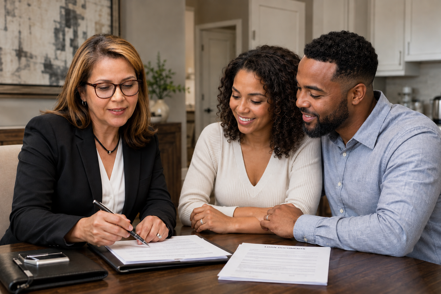 Three people sitting at a table looking at documents, with a woman in a black blazer showing paperwork to a man and woman smiling.