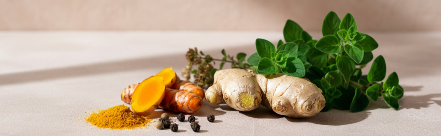 Fresh ginger root, turmeric, black pepper, and oregano on a neutral surface.