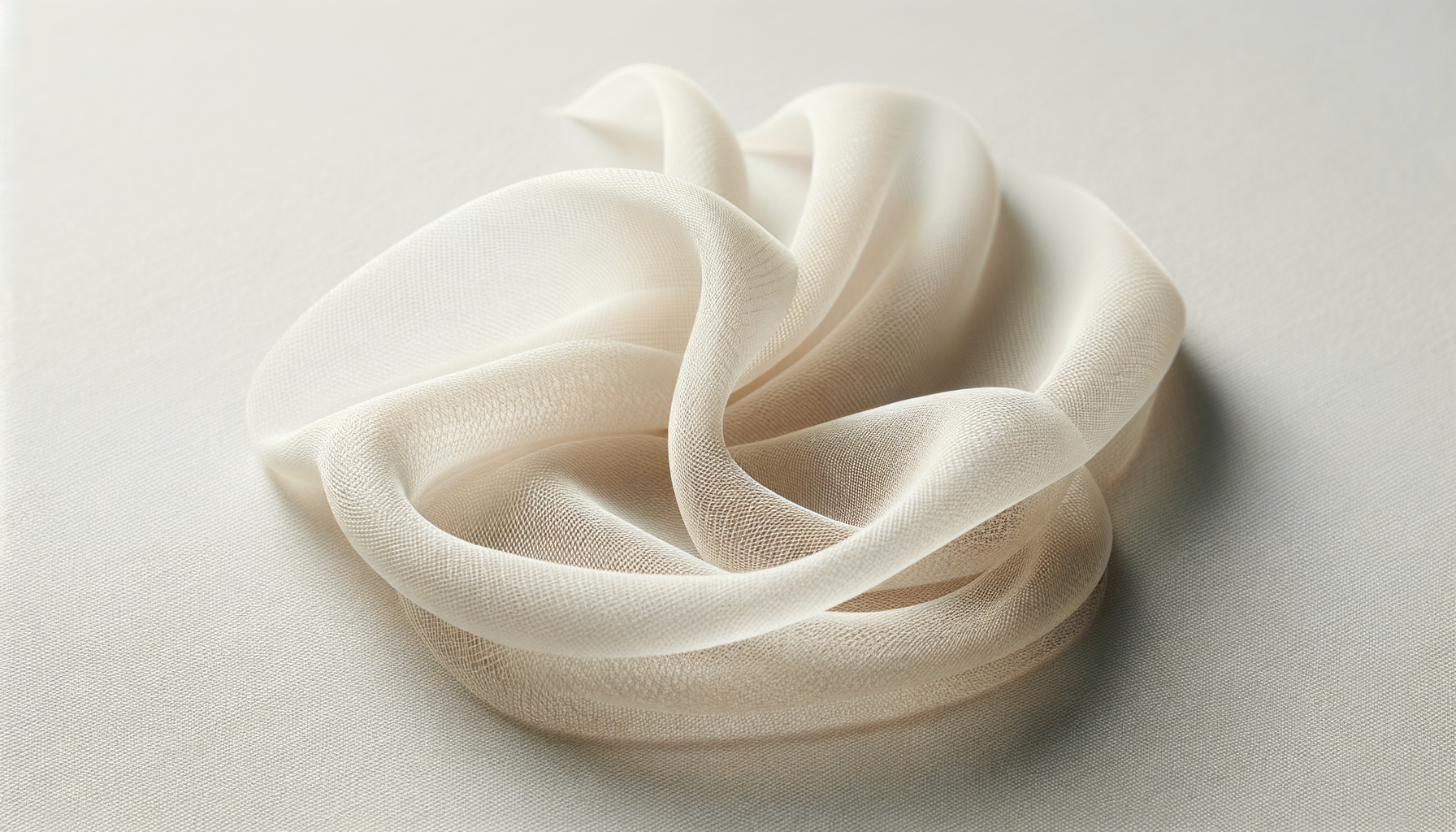 A cream-colored, sheer, and silky fabric slightly crumpled and arranged in a loop on a smooth surface.