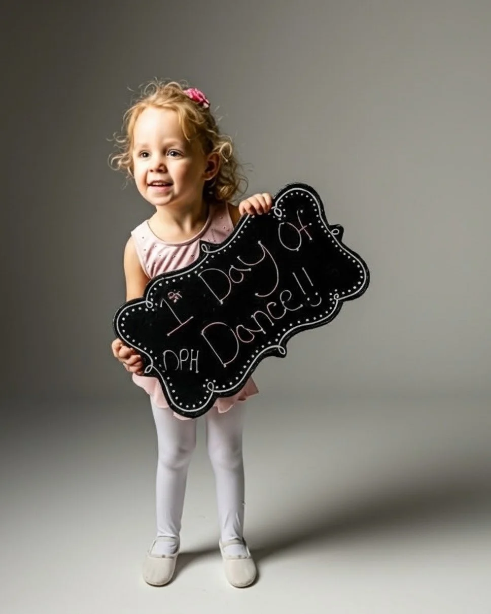 A young girl with curly blonde hair, wearing a pink dress, white tights, and shoes, is holding a chalkboard sign that says '1st day of DANCE!!' and smiling at the camera.