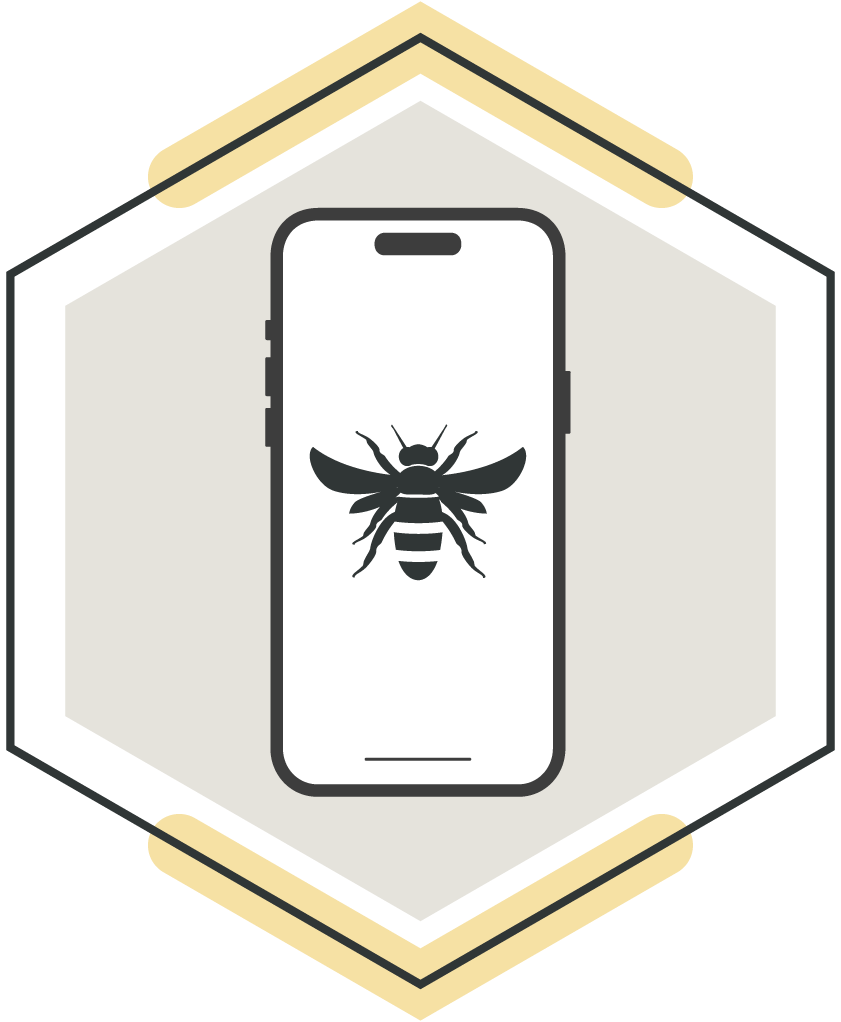 Smartphone with a bee icon on the screen, inside a house outline.