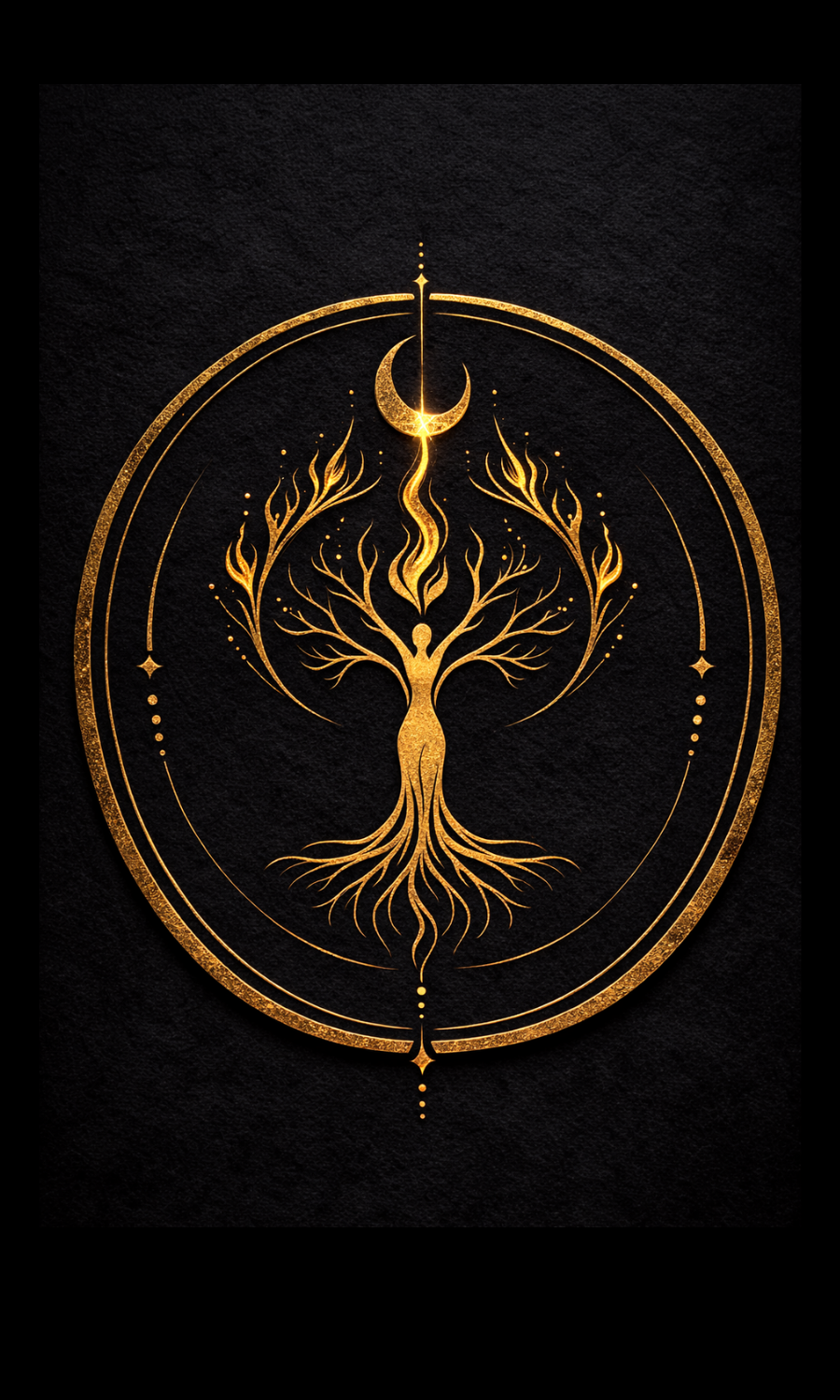 A gold, mystical tree with flames and roots, surrounded by celestial symbols including a crescent moon and a star, on a black background.