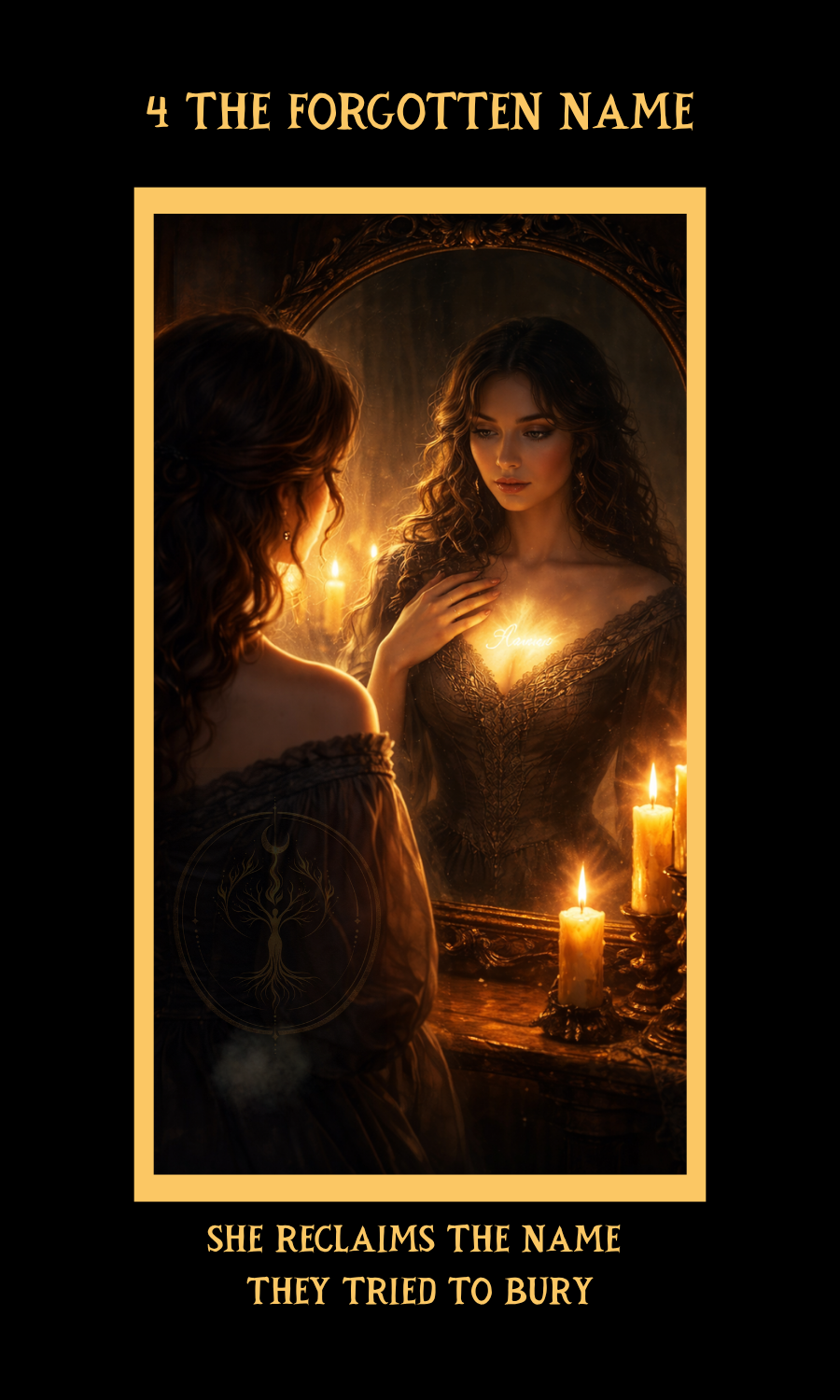 Dangerous Woman Oracle card 4, The Forgotten NAme, showing a woman facing her reflection in a candlelit mirror, symbolizing identity, reclamation, and self rememberance.