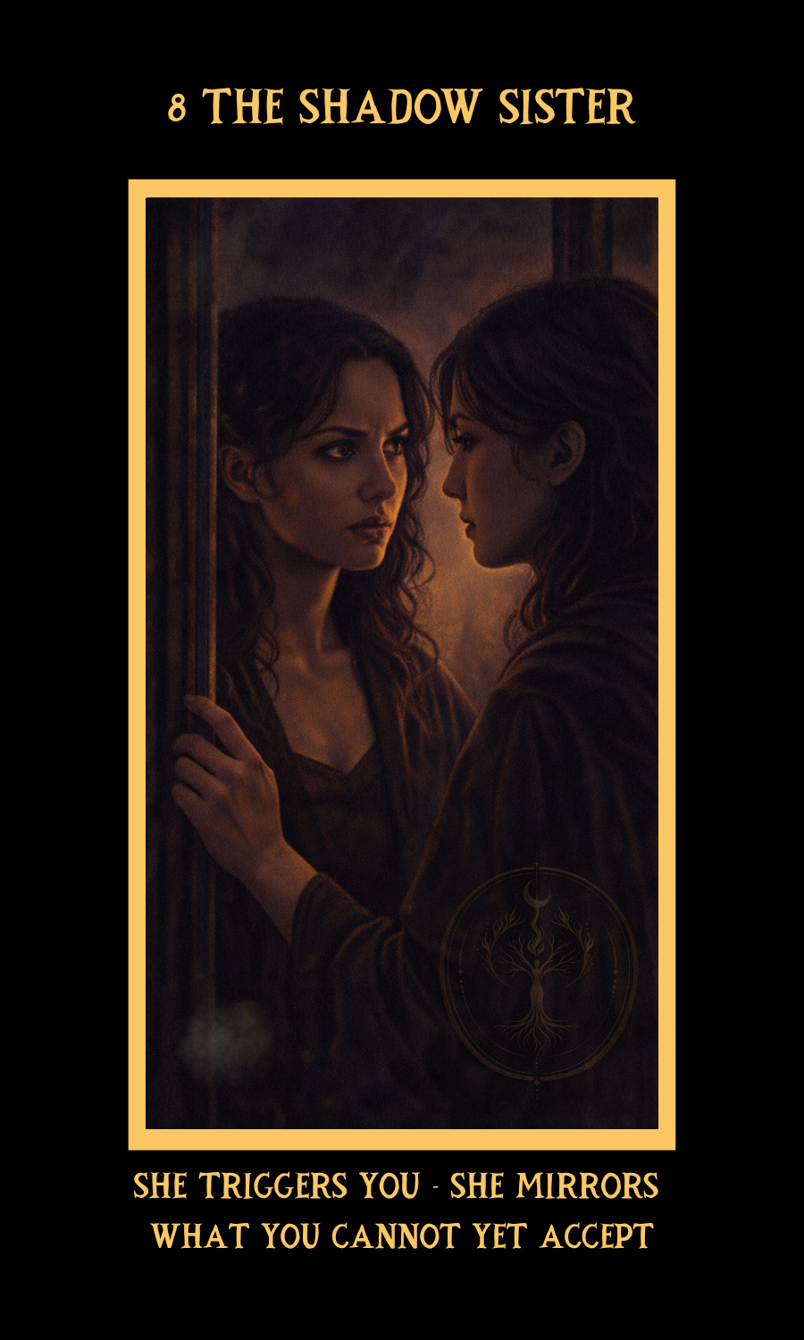 Dangerous Woman Oracle card 8, The Shadow Sister, showing a woman facing her own reflection, symbolizing projection, self-acceptance, and hidden truth.