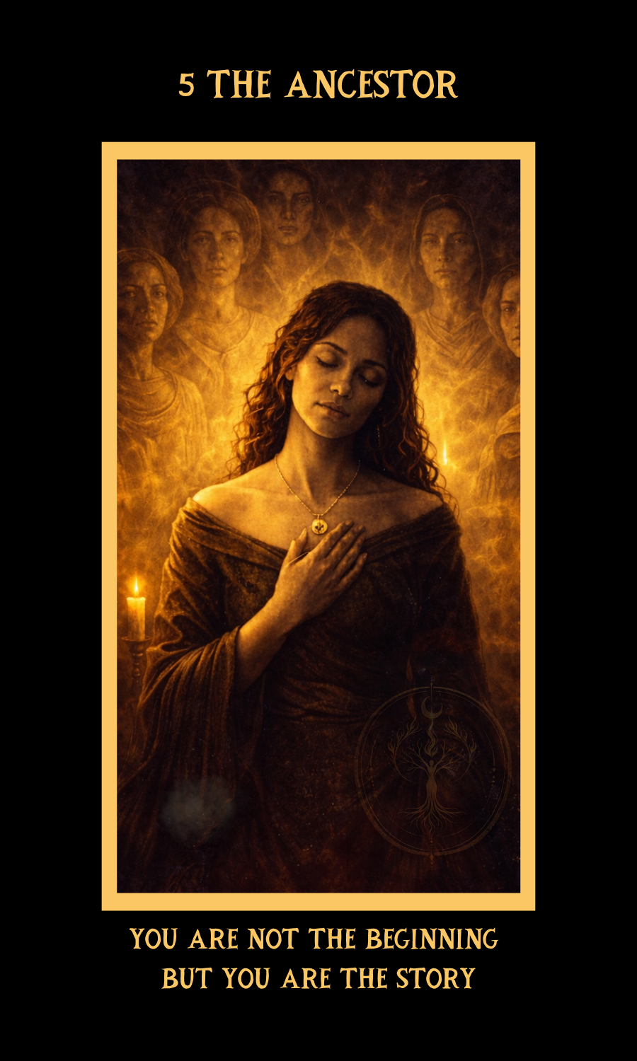 Dangerous Woman oracle card 5, The Ancestor, showing a woman surrounded by glowing ancestral figures and candlelight, symbolizing lineage, memory, and inherited wisdom.