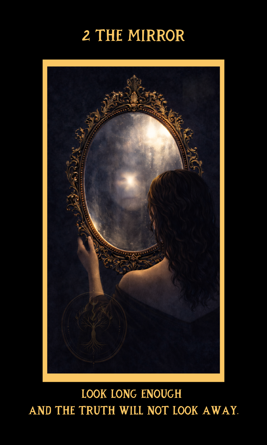 Dangerous Woman oracle card 2, The Mirror, featuring a luminous mirror surrounded by dark mystical imagery symbolizing self-reflection and inner truth.