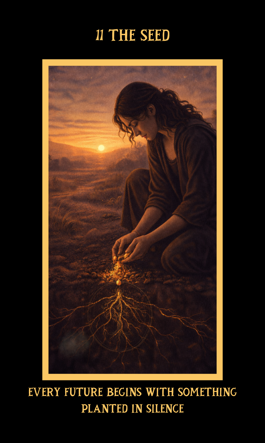 Dangerous Woman Oracle card 11, The Seed, showing a woman planting glowing seeds at sunrise, symbolizing quiet beginnings, future growth, and hidden potential.