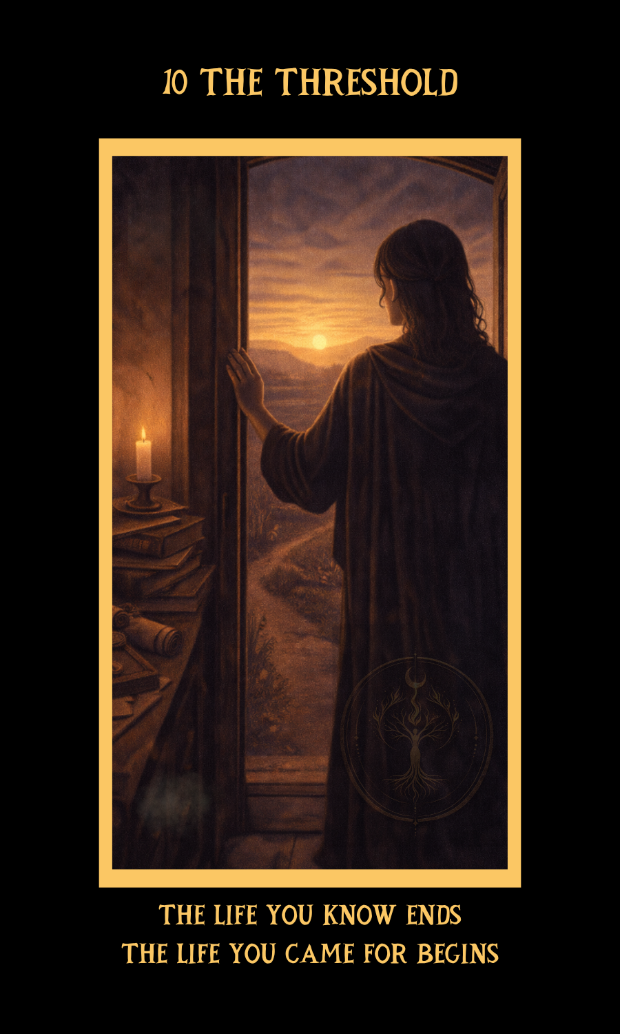 Dangerous Woman Oracle card 10, The Threshold, showing a woman standing in the doorway at sunrise, symbolizing transition, transformation, and the beginning of a new life.
