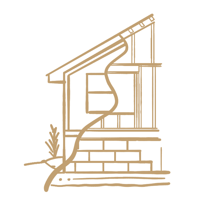 Simple line drawing of a house's cross-section showing the foundation, staircase, and interior walls.