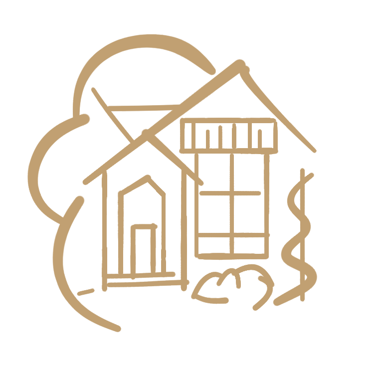 Line drawing of a house with a pitched roof, large window, and front door, surrounded by a cloud, a rock, and a dollar sign