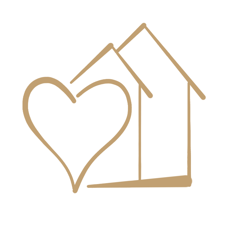 A minimalist line drawing of a heart and house in gold color on a white background.
