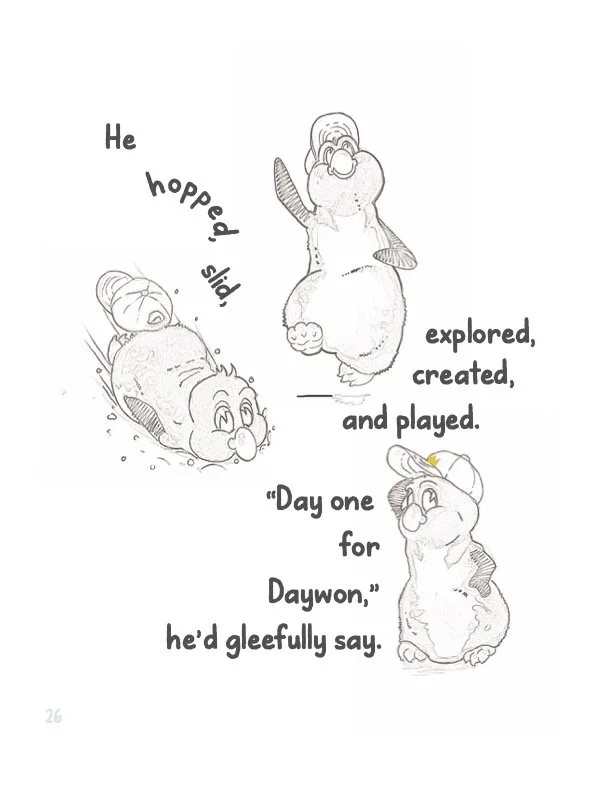 Illustration of Daywon the penguin exploring, creating, and playing.