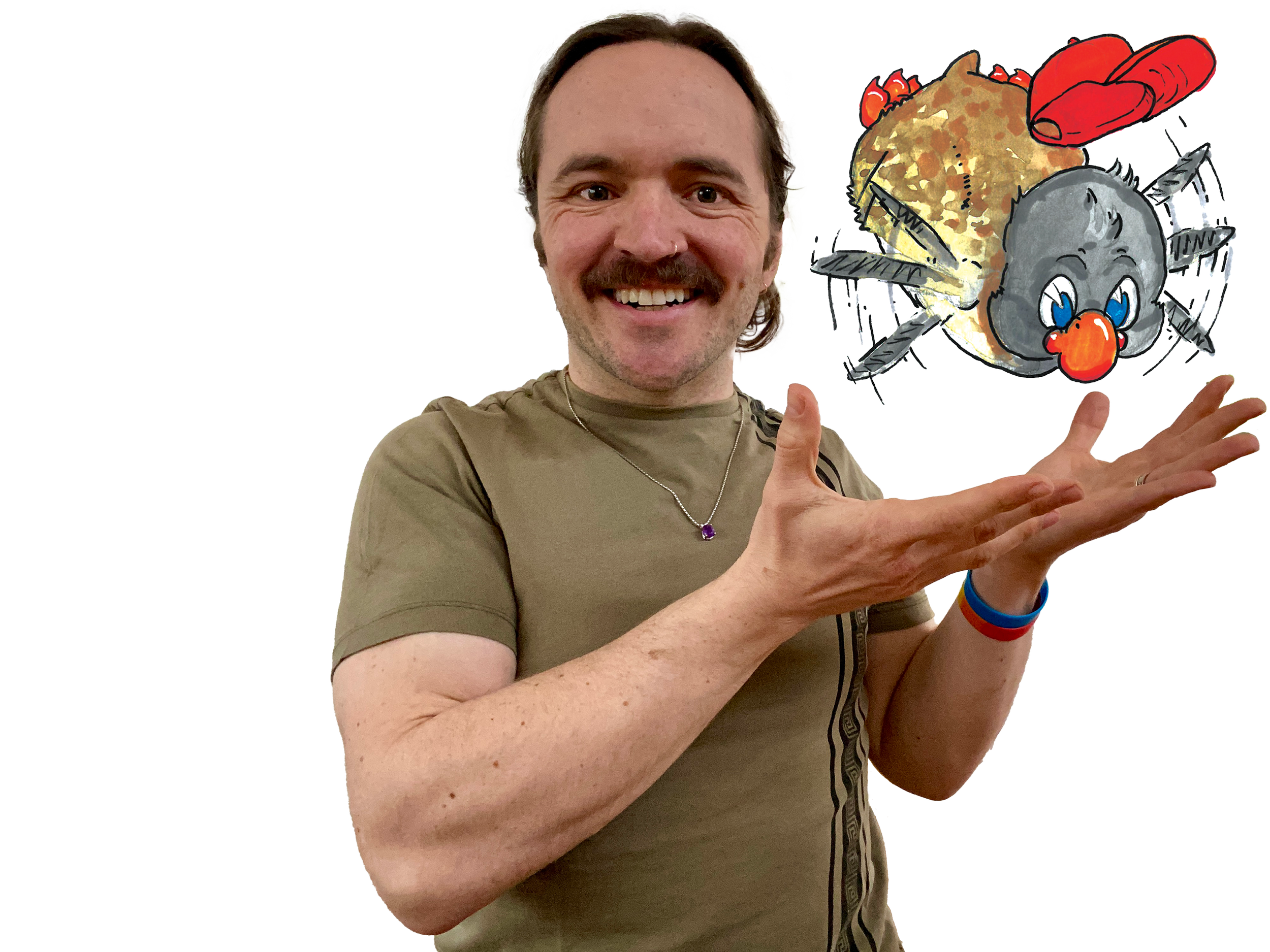 Author Ryan Quillard smiling and pointing at protagonist Daywon.