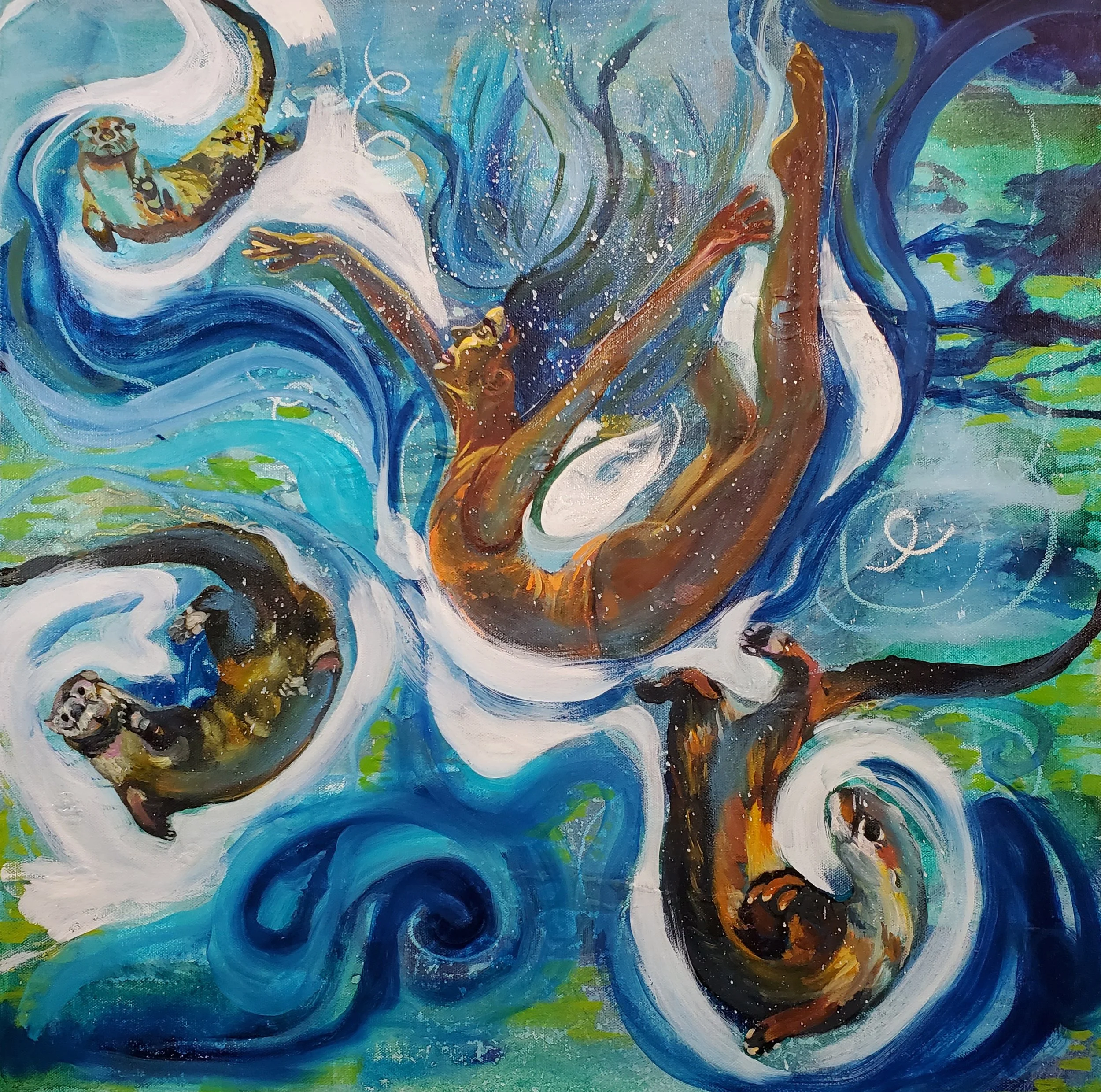 Otter Frolic, 24x24, Acrylics and Oils