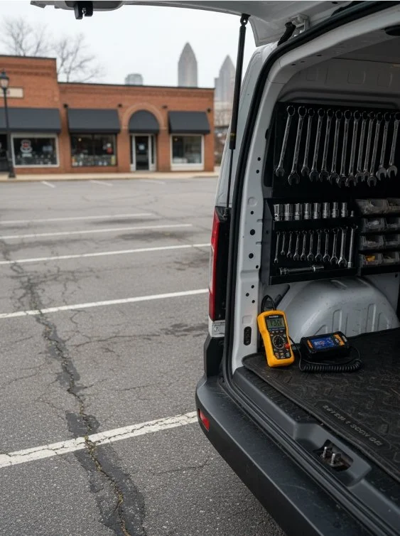 Open service van with tools and a multimeter inside, parked in an empty parking lot near some storefronts with a city skyline in the background.