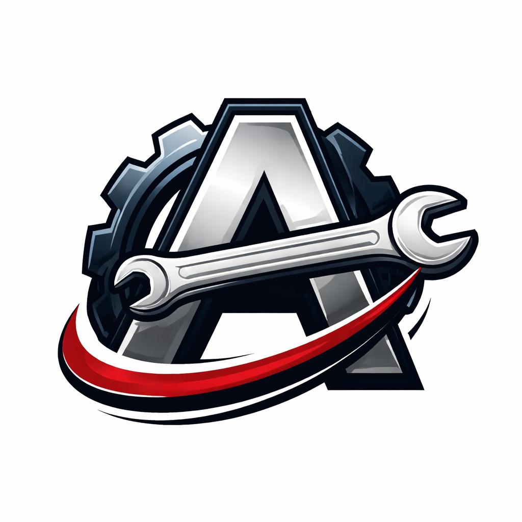 Logo featuring a large metallic letter 'A' with a wrench horizontally across it, gear elements in the background, and a red swoosh underneath.