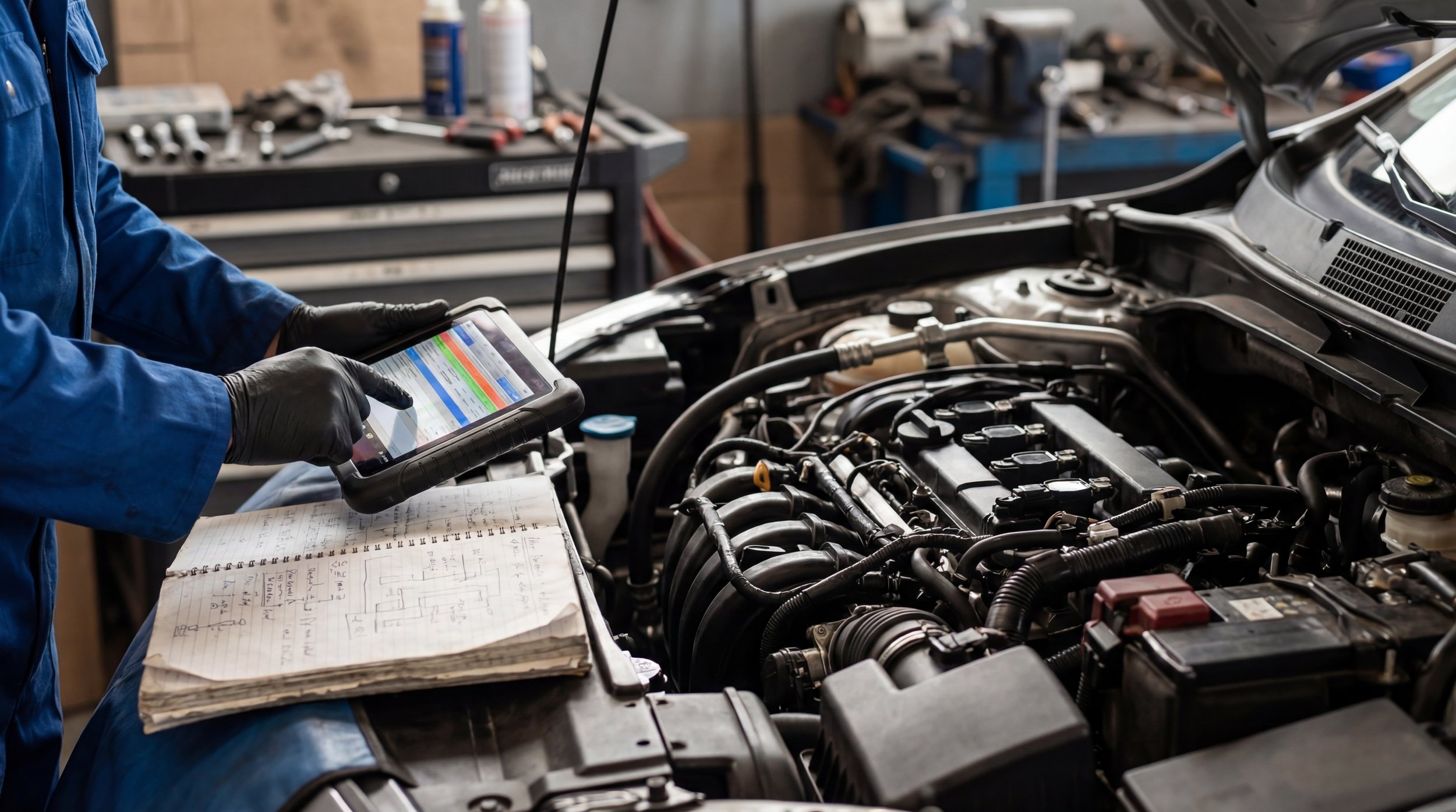 Automobile mechanic working on an engine, using a diagnostic scanner and noting observations in a notebook at a garage workshop.