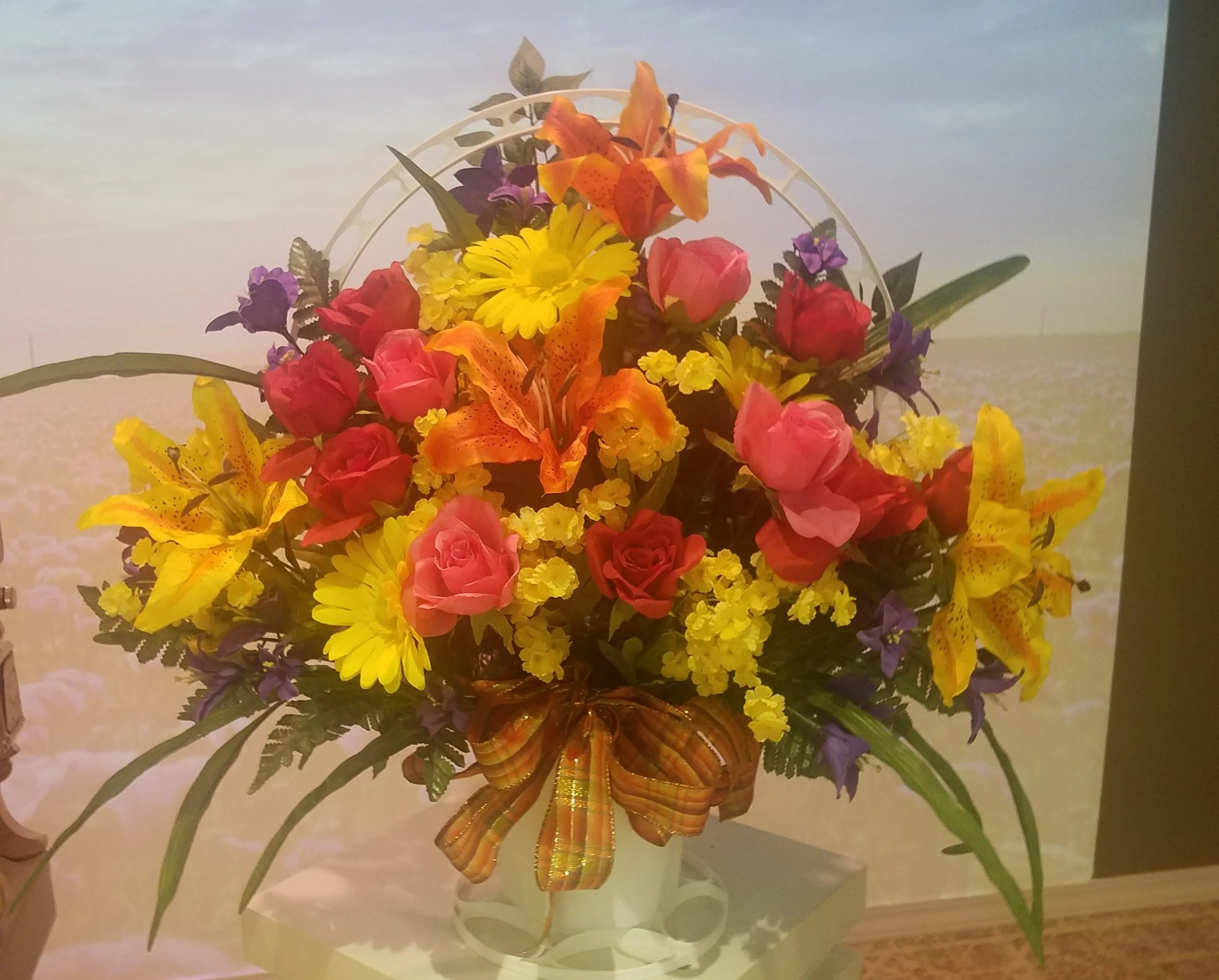 Brightly Colored Assorted Flower Silk Funeral Basket