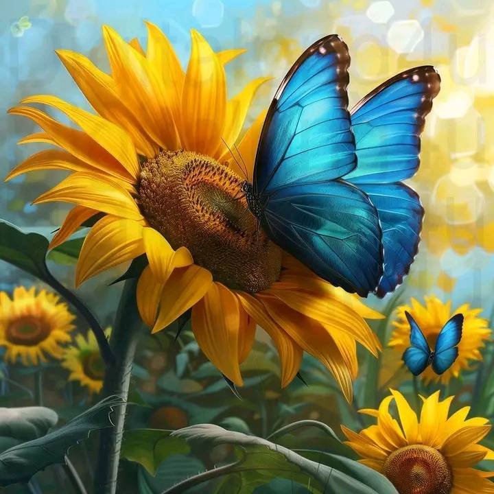 A vibrant blue butterfly perched on a yellow sunflower with a blurred background of more sunflowers and green foliage.