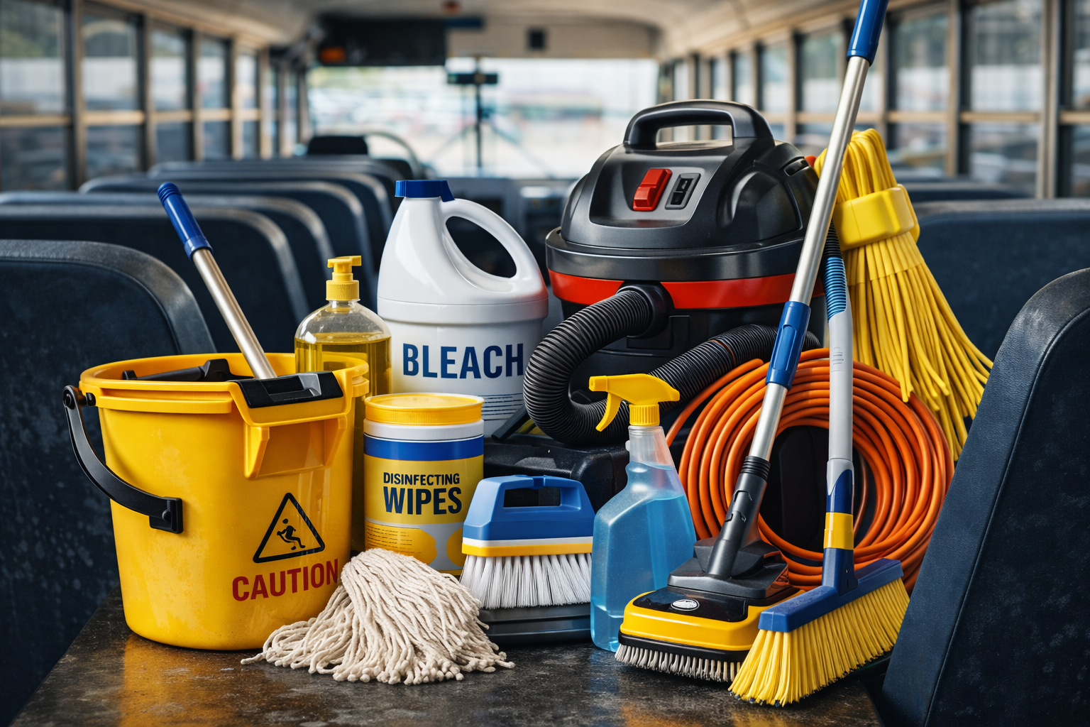Cleaning supplies and equipment on a bus seat, including a yellow caution bucket, bleach bottle, disinfecting wipes container, spray bottle, mop, extension cord, vacuum, brushes, squeegee, and gloves.