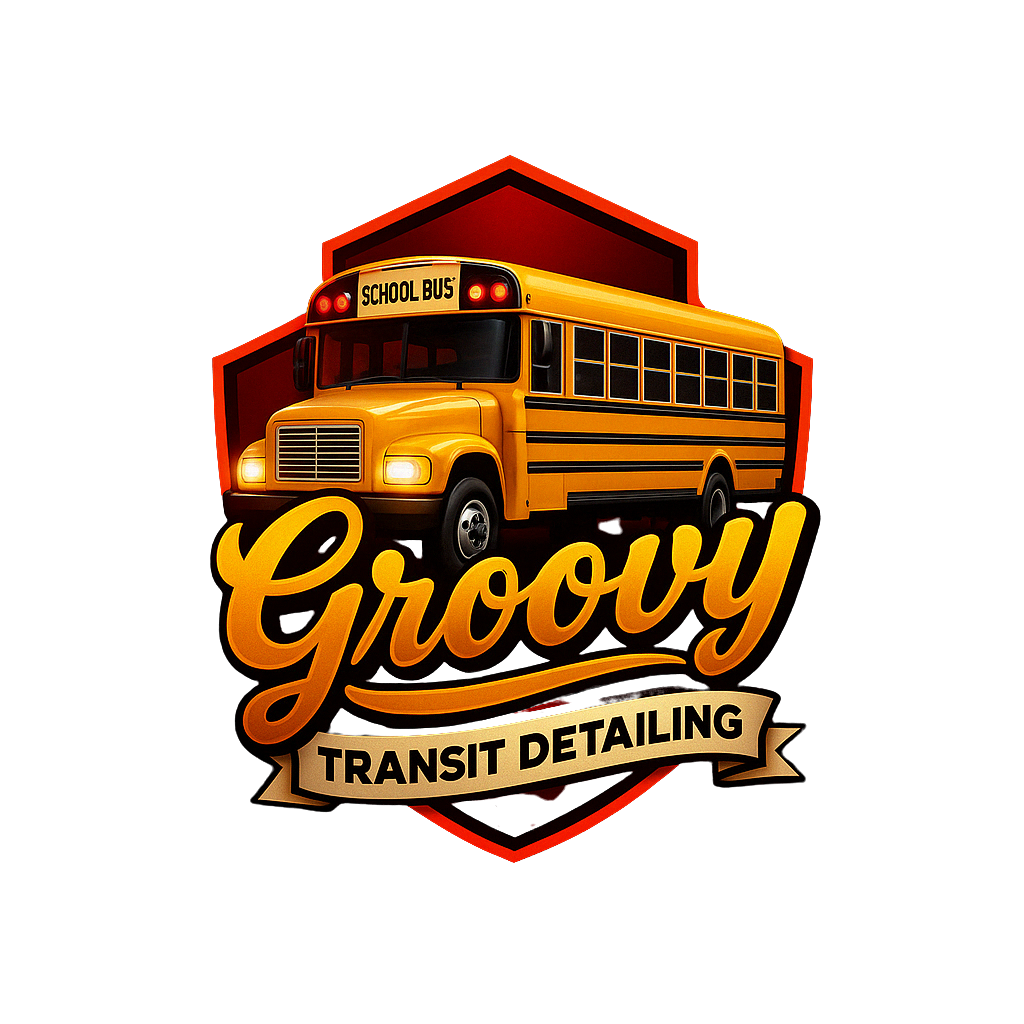Logo for Groovy Transit Detailing featuring a yellow school bus with a red shield background and stylized text.