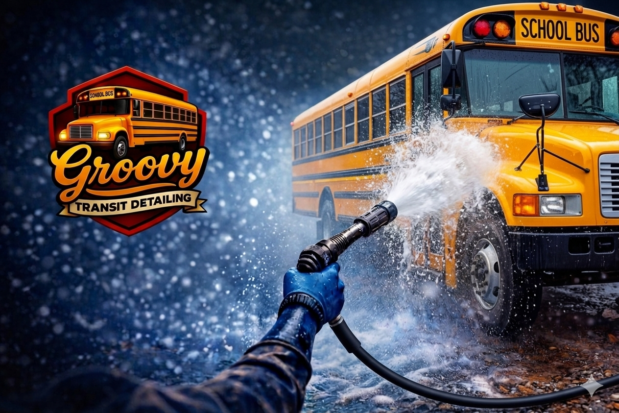 Yellow school bus being washed with a pressure hose, logo for Groovy Transit Detailing visible on left.